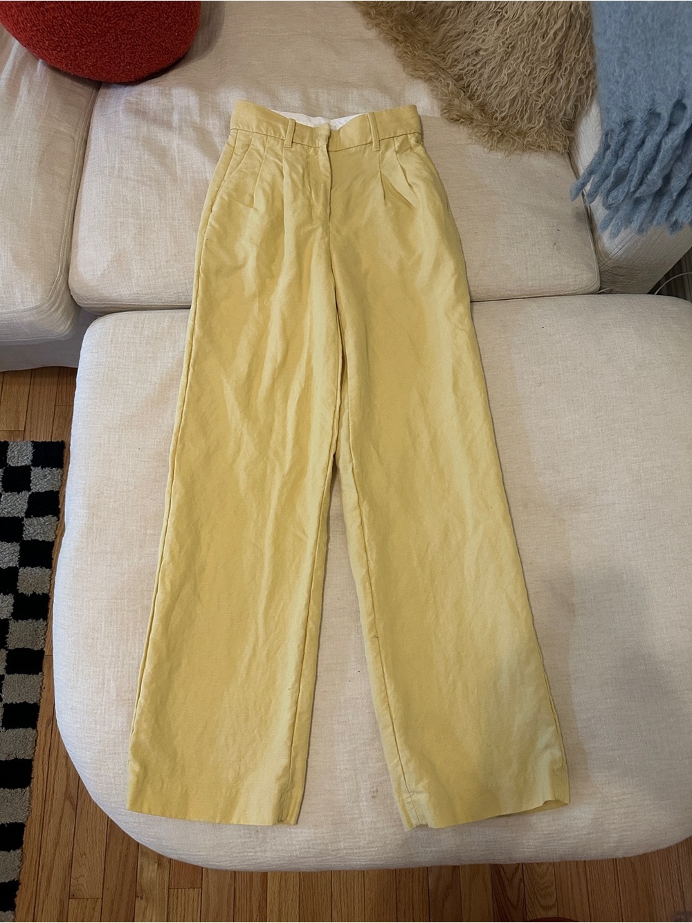 Aritzia Pale Yellow Wide-Leg Pleated Trousers